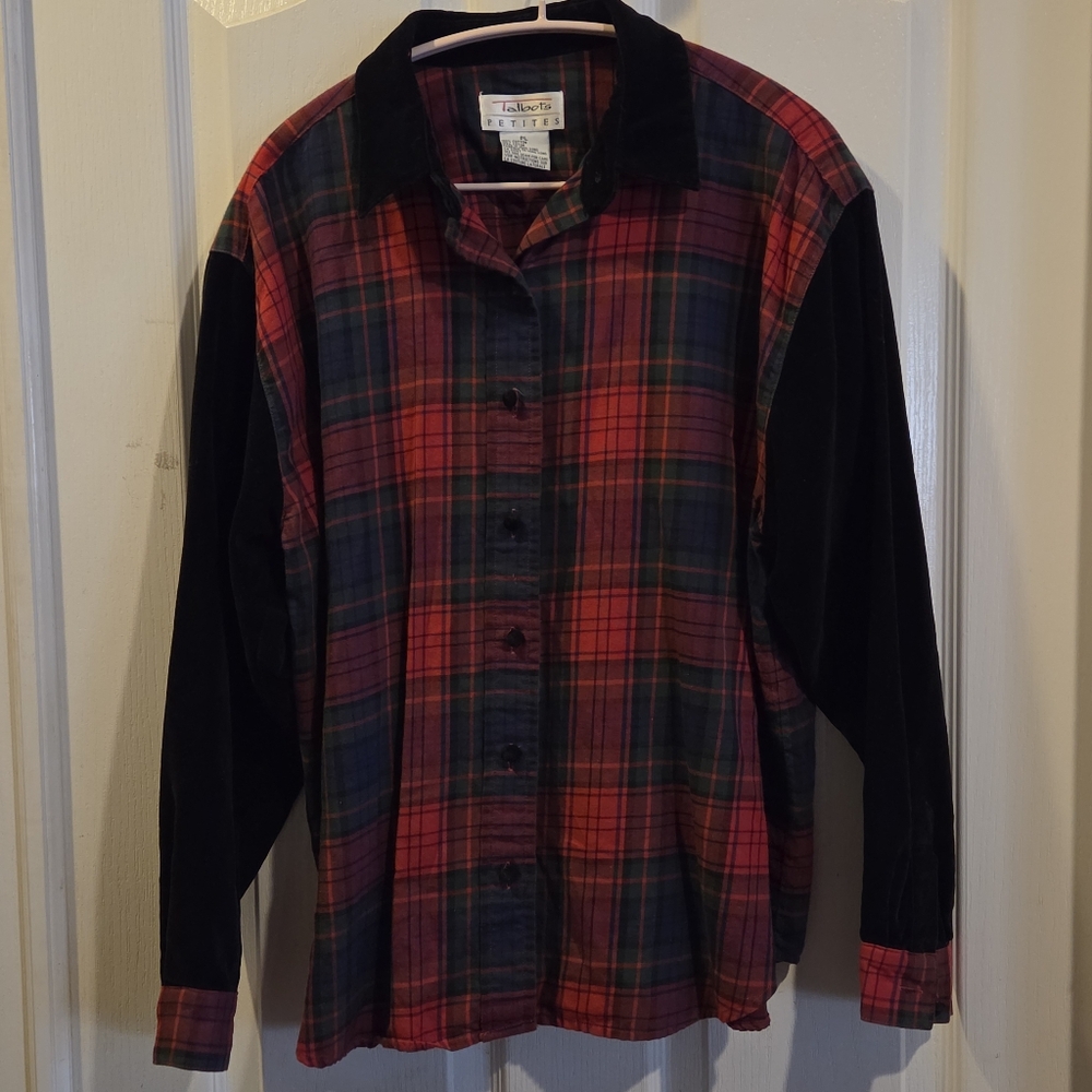 Talbots Top Red Green Tartan Plaid Shirt Velvet Collar Sleeves Petites Large - Picture 4 of 8